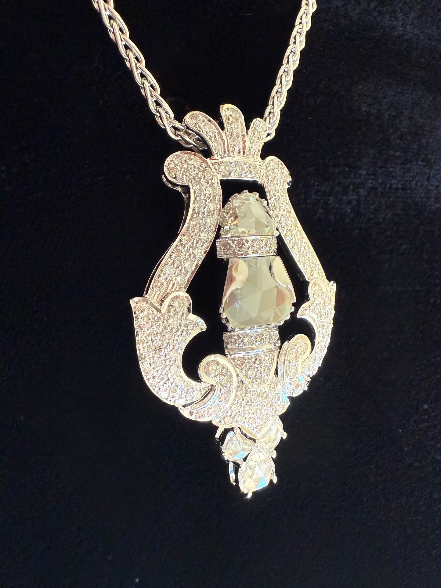 Antique 18 Carat Diamond Pendant: 14K White Gold Lyre Necklace