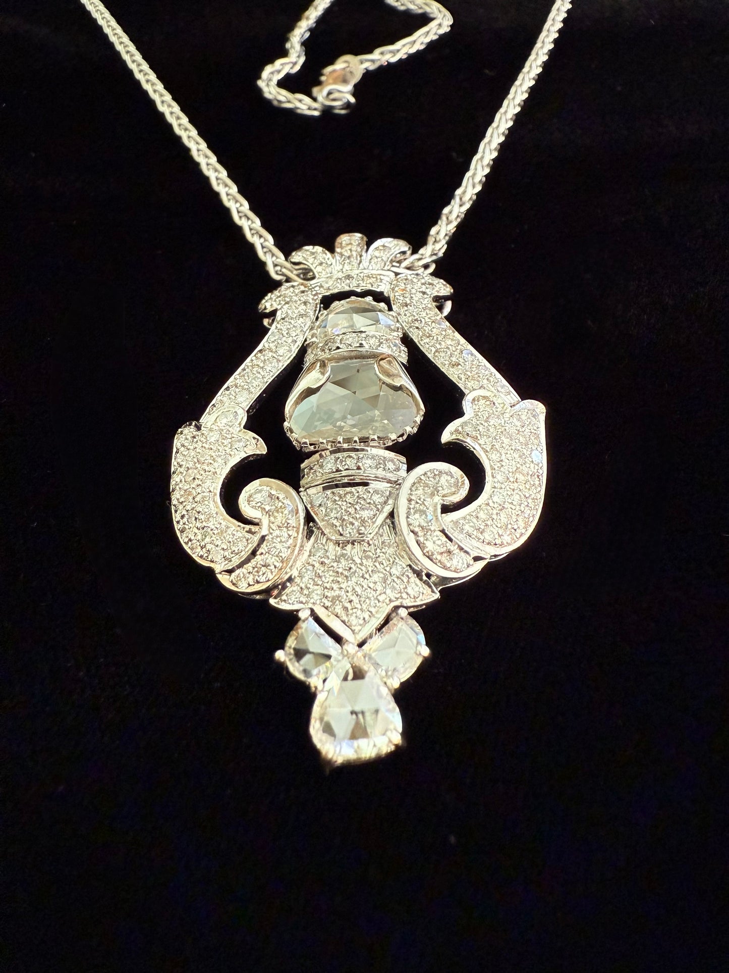 Antique 18 Carat Diamond Pendant: 14K White Gold Lyre Necklace