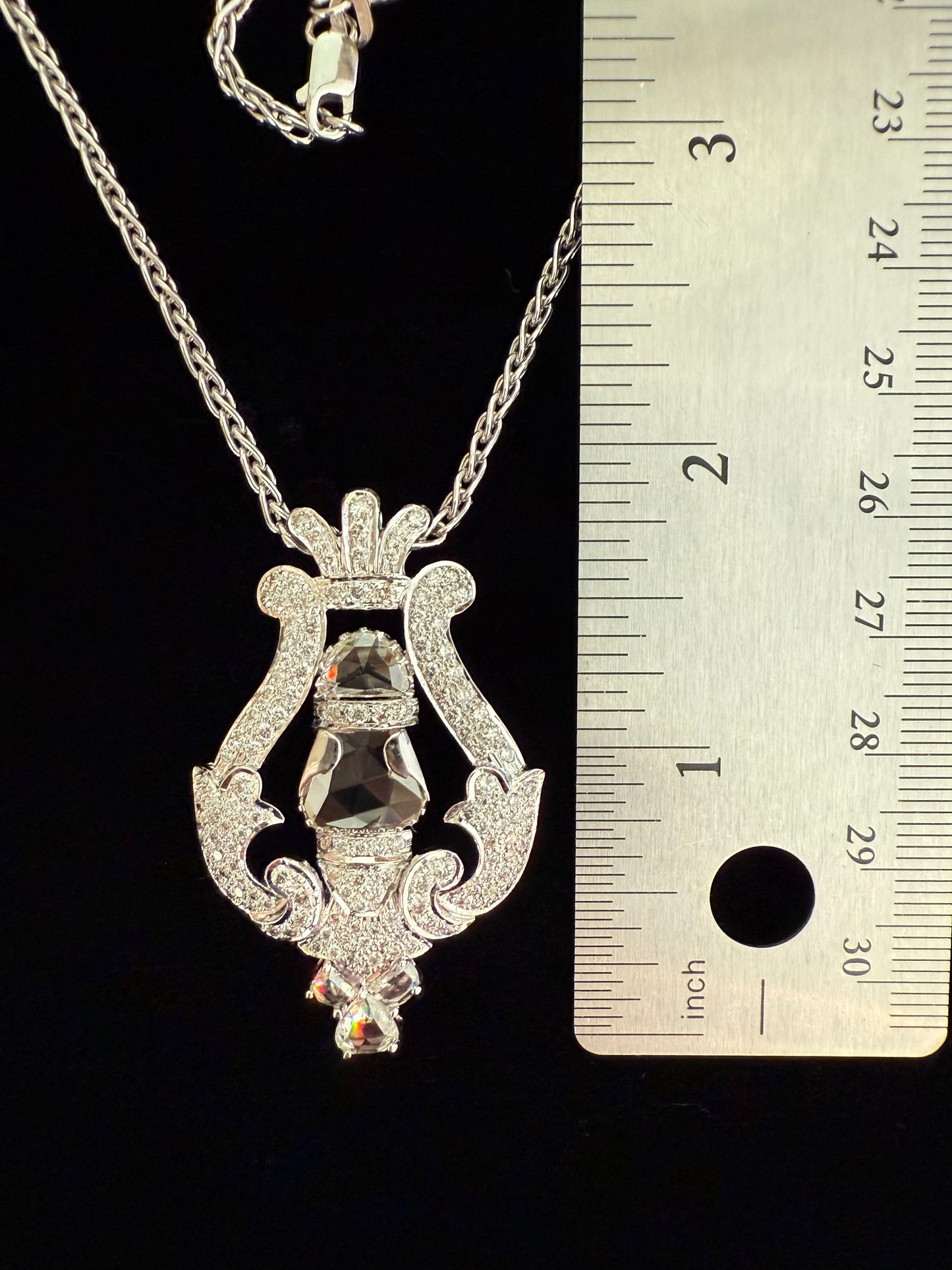 Antique 18 Carat Diamond Pendant: 14K White Gold Lyre Necklace