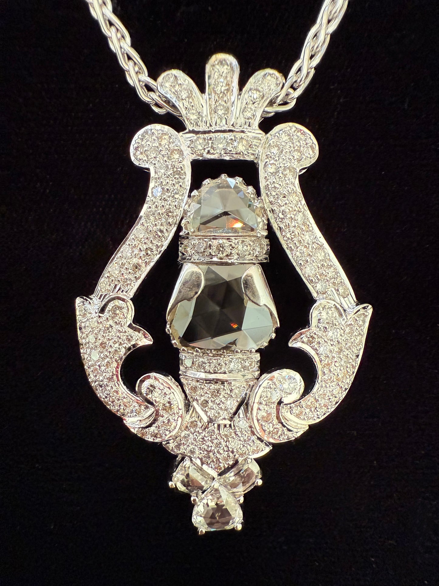 Antique 18 Carat Diamond Pendant: 14K White Gold Lyre Necklace