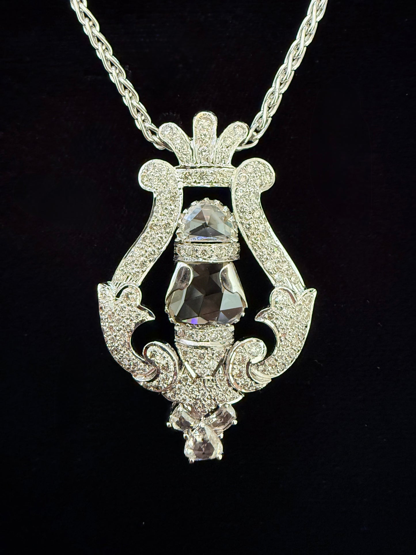 Antique 18 Carat Diamond Pendant: 14K White Gold Lyre Necklace