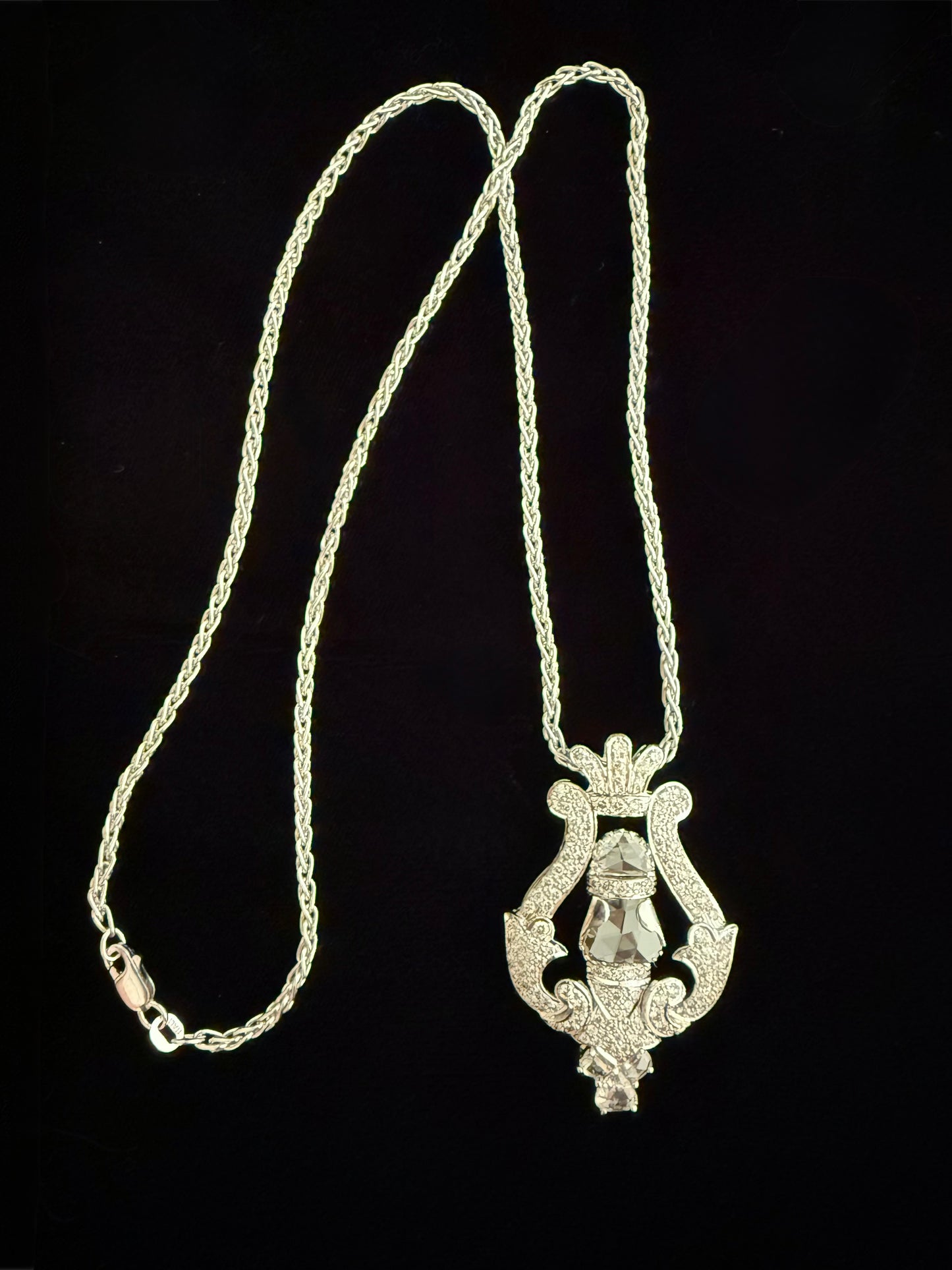 Antique 18 Carat Diamond Pendant: 14K White Gold Lyre Necklace