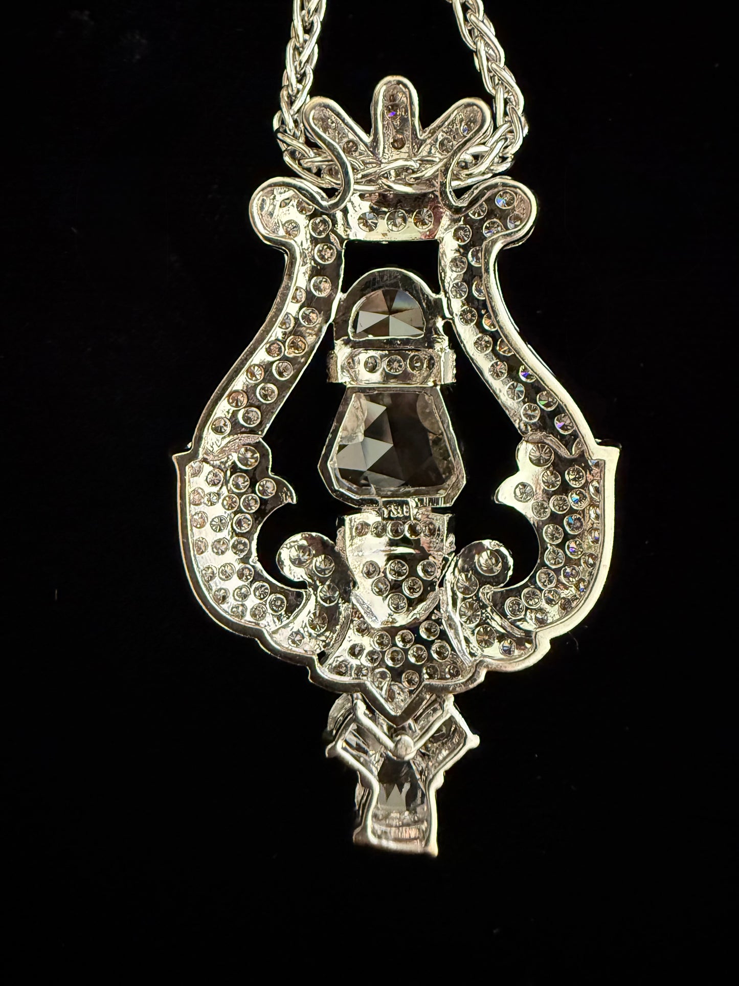 Antique 18 Carat Diamond Pendant: 14K White Gold Lyre Necklace
