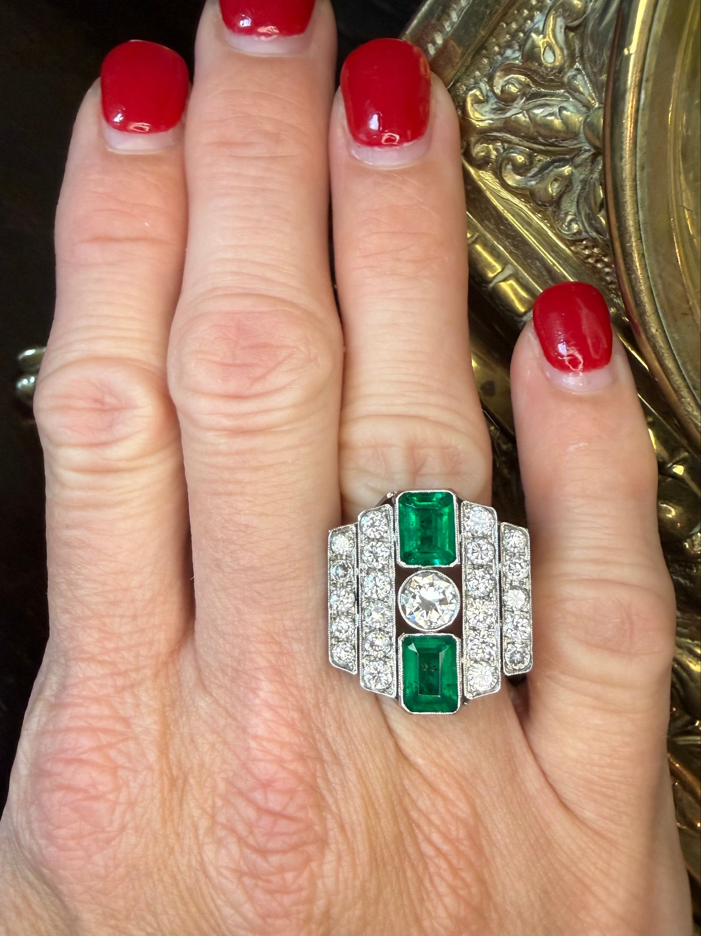 Platinum Art Deco Emerald and Diamond Ring-GIA Appraisal Included