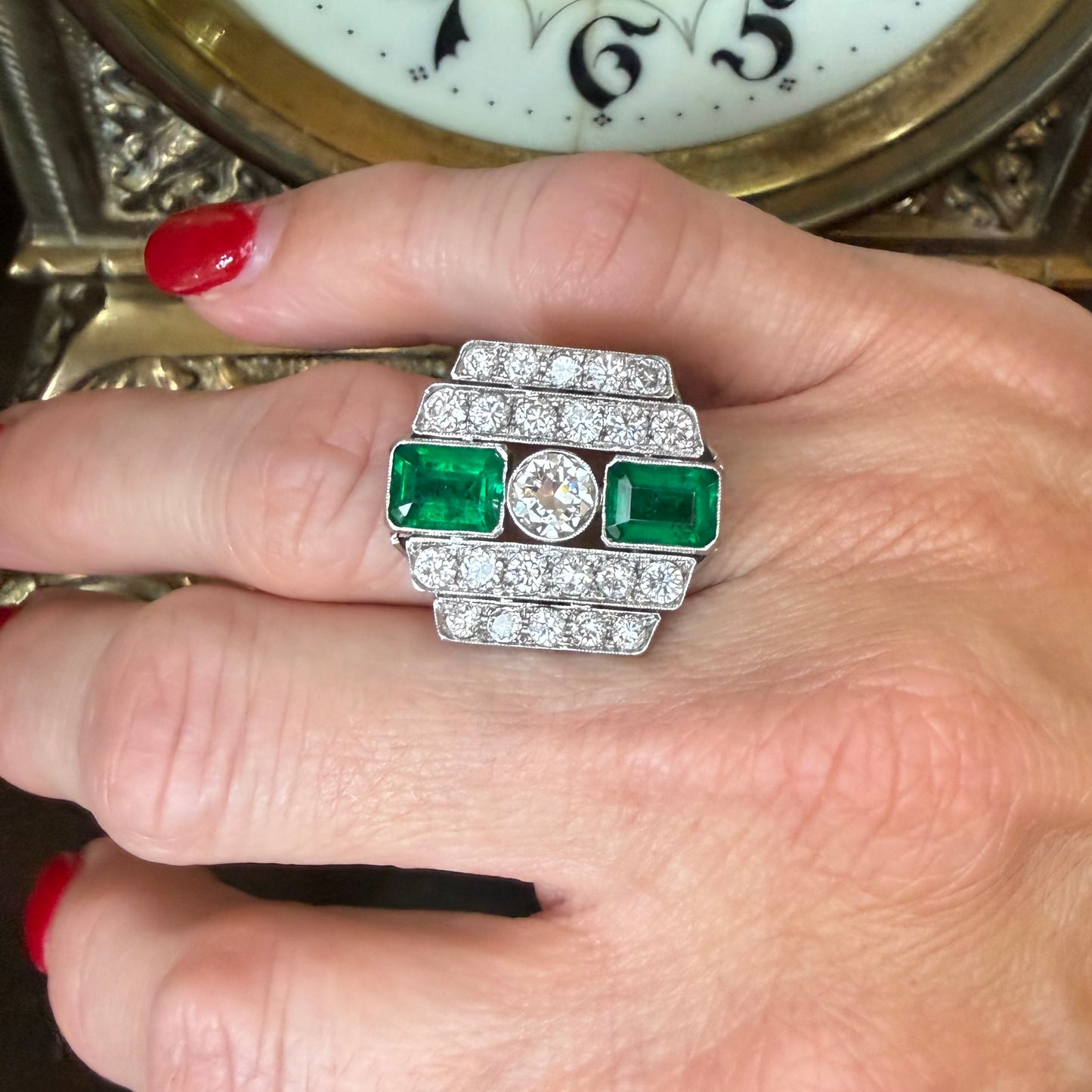 Platinum Art Deco Emerald and Diamond Ring-GIA Appraisal Included