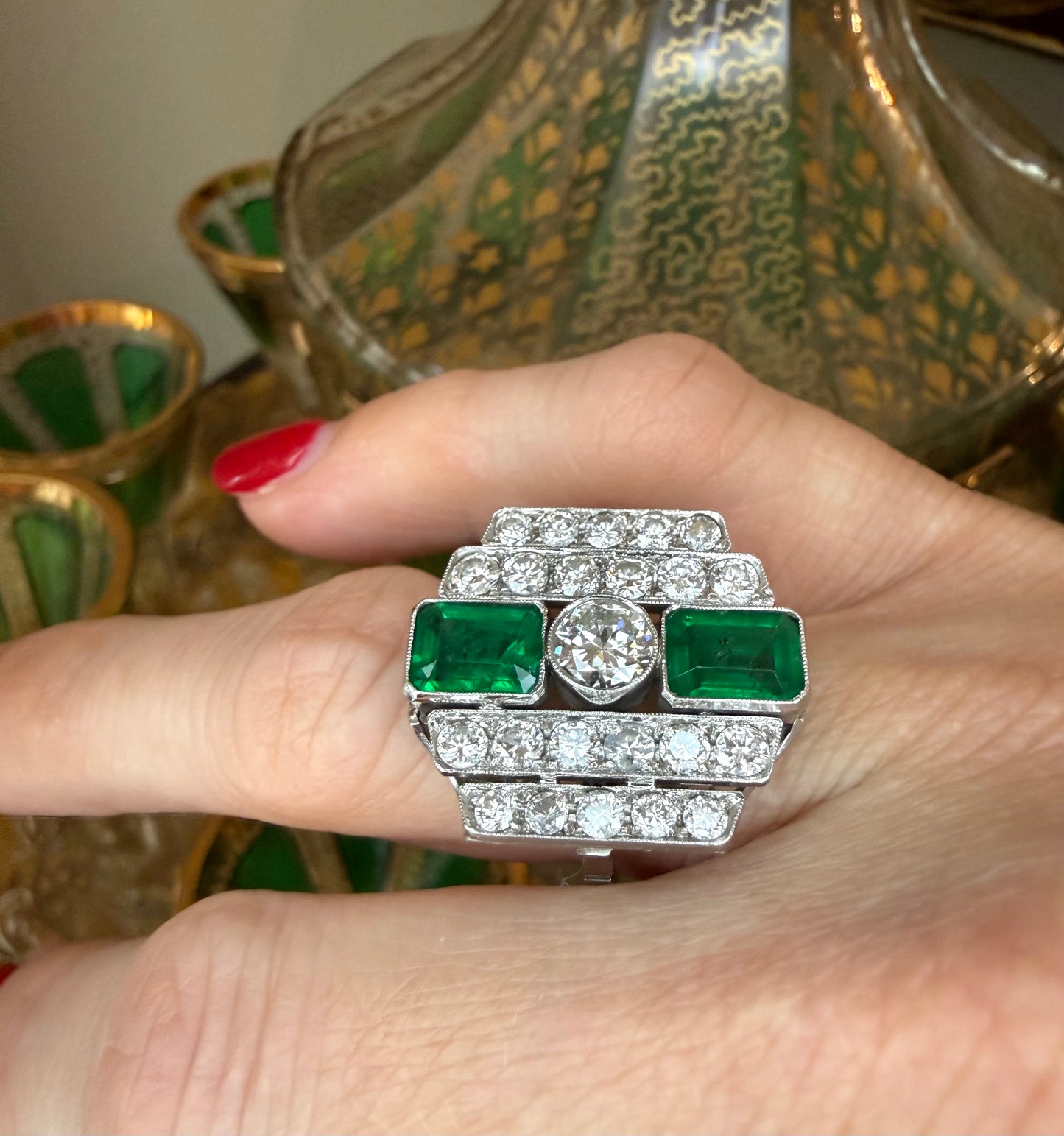 Platinum Art Deco Emerald and Diamond Ring-GIA Appraisal Included