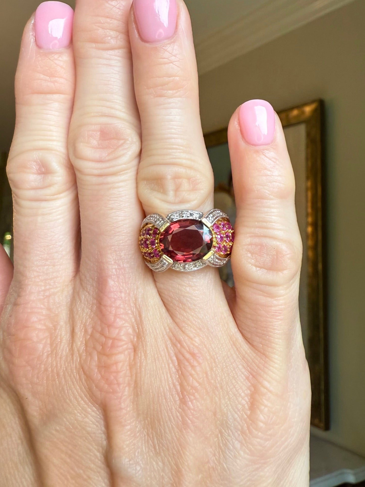 14K 3.07 CT Tourmaline, Ruby, and Diamond Estate Cocktail Ring
