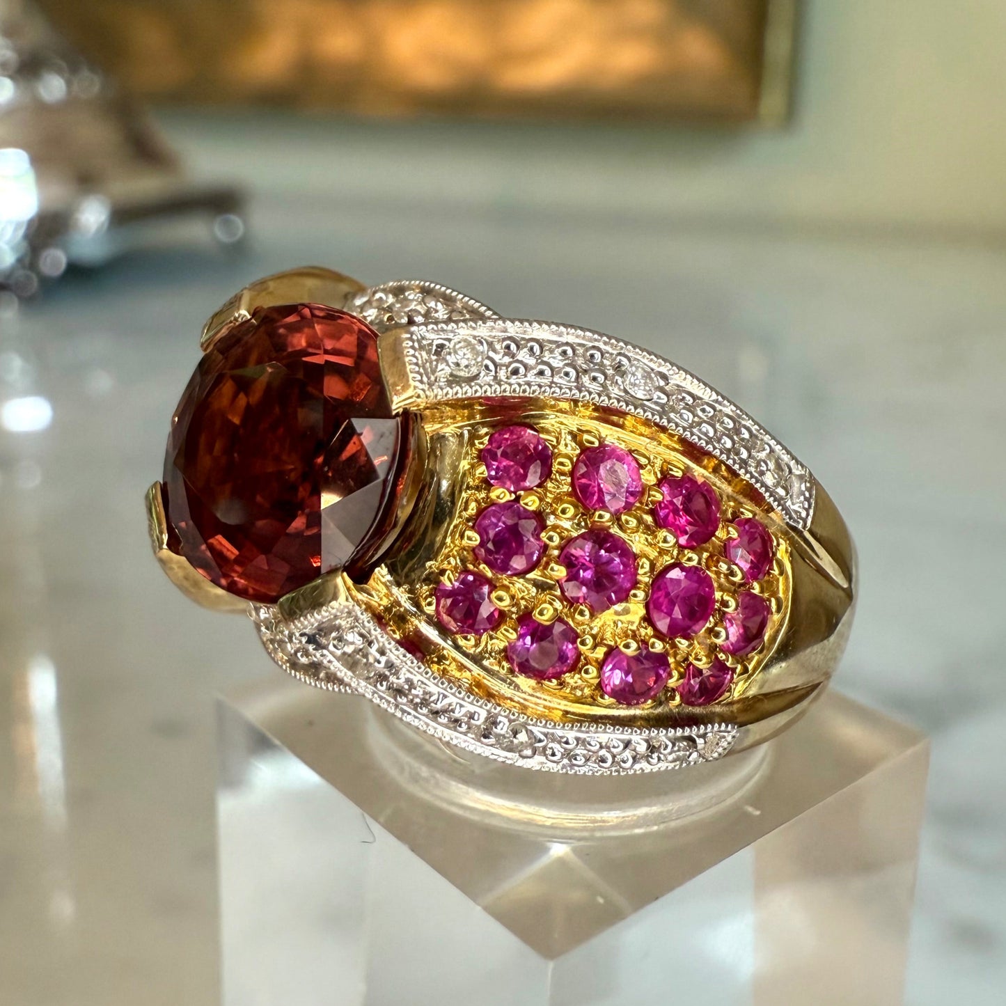 14K 3.07 CT Tourmaline, Ruby, and Diamond Estate Cocktail Ring