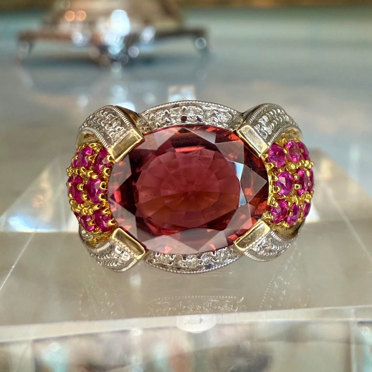 14K 3.07 CT Tourmaline, Ruby, and Diamond Estate Cocktail Ring