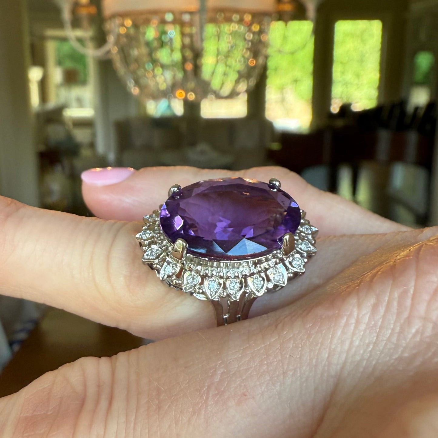 14K 9.28 CT Amethyst and Diamond Cocktail or Engagement Ring