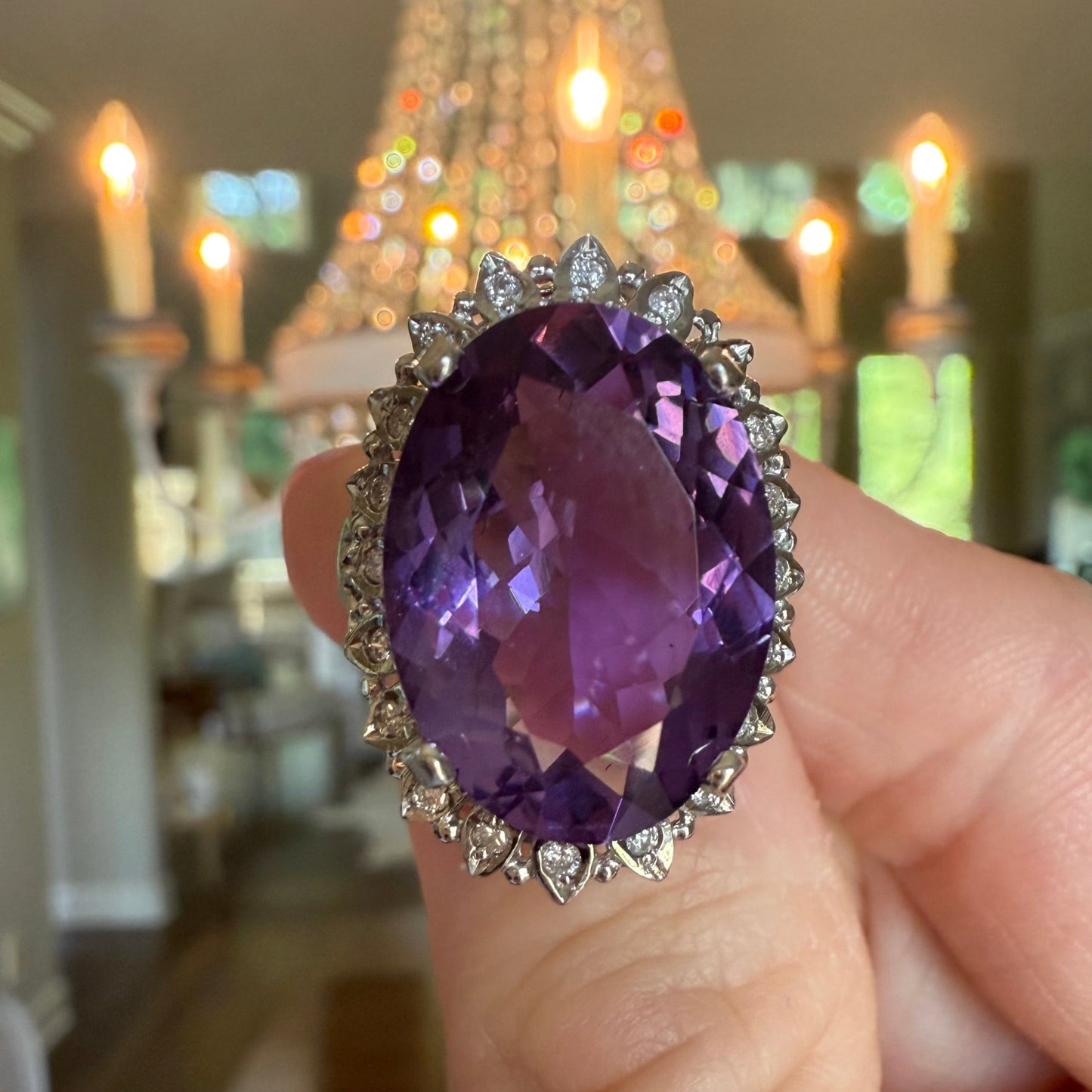 14K 9.28 CT Amethyst and Diamond Cocktail or Engagement Ring