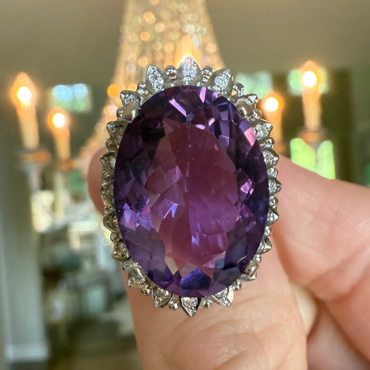 14K 9.28 CT Amethyst and Diamond Cocktail or Engagement Ring