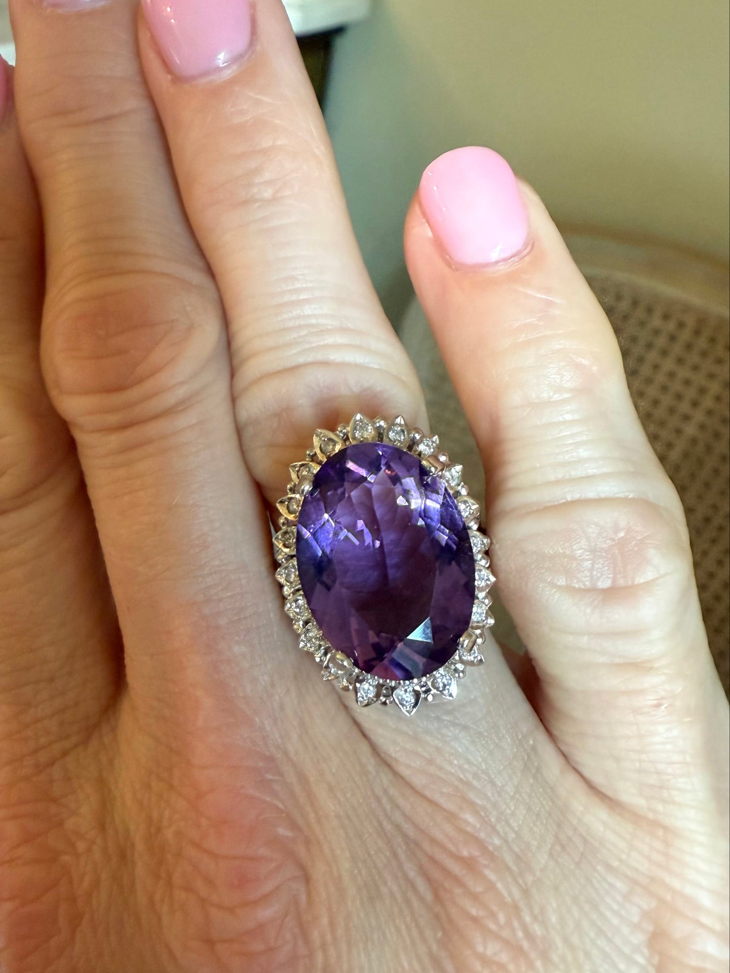 14K 9.28 CT Amethyst and Diamond Cocktail or Engagement Ring