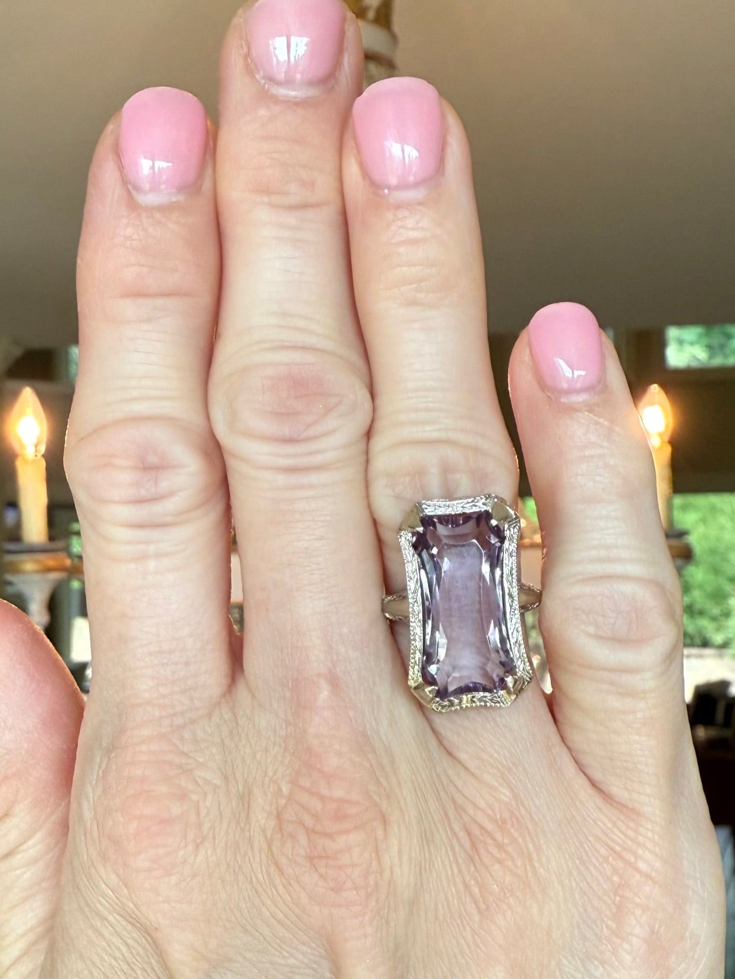 14K Gold Amethyst Filigree Antique Cocktail Ring