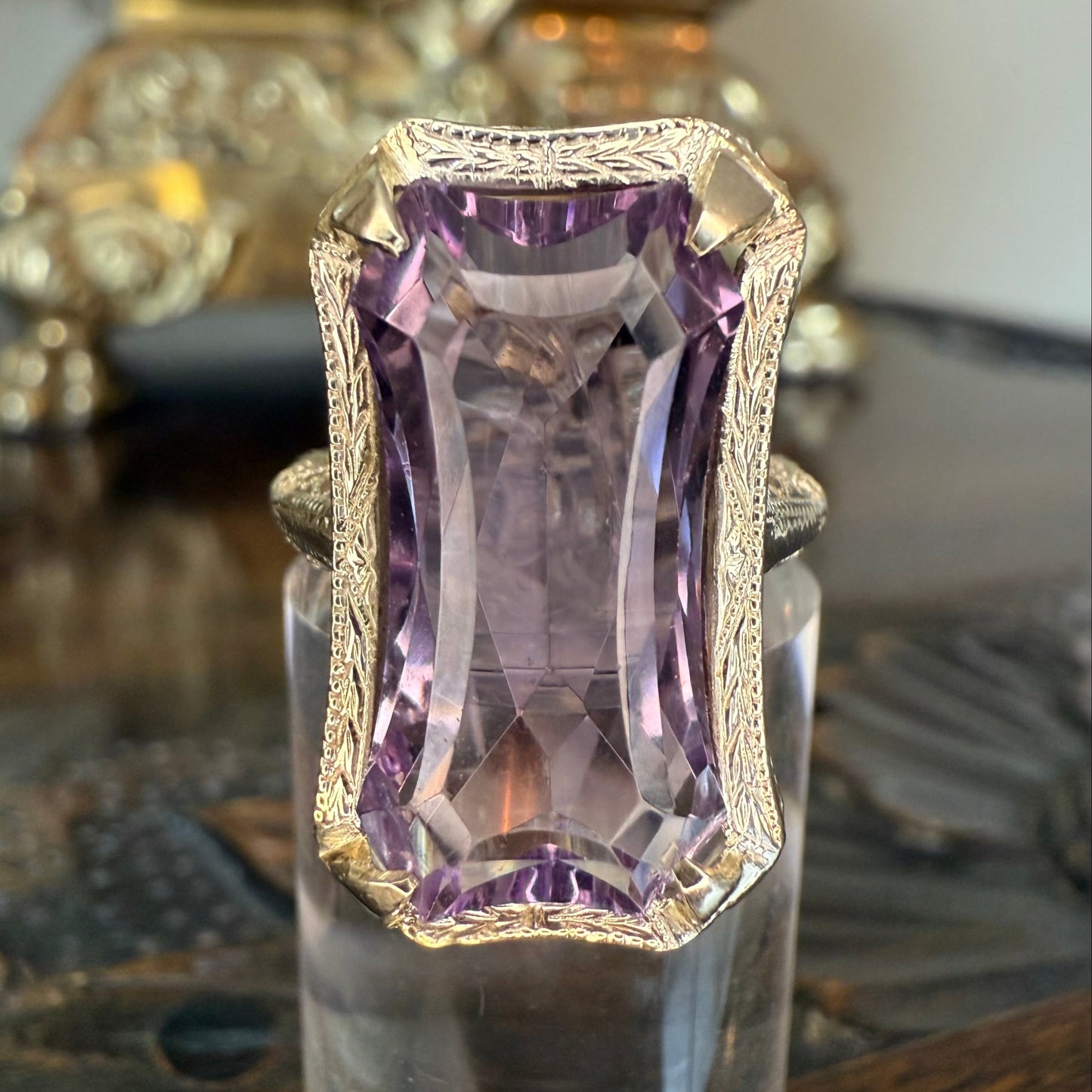 14K Gold Amethyst Filigree Antique Cocktail Ring