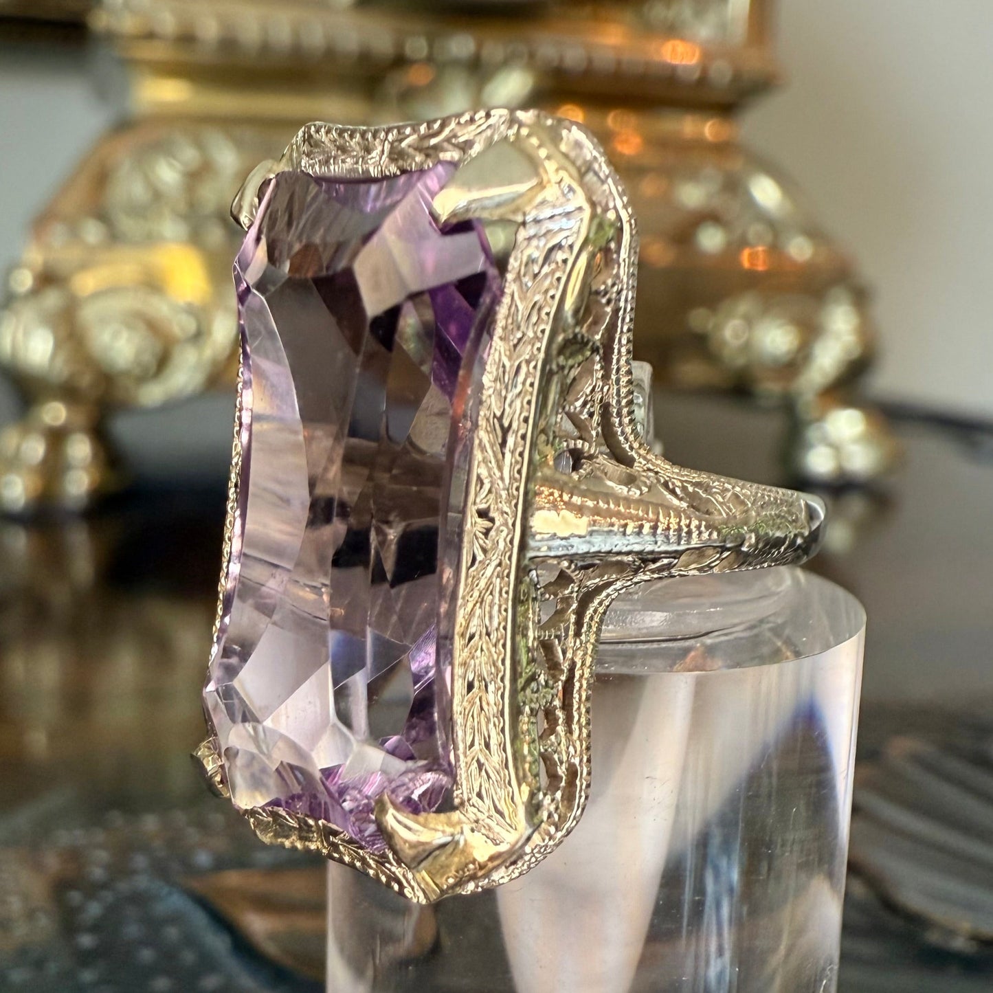 14K Gold Amethyst Filigree Antique Cocktail Ring