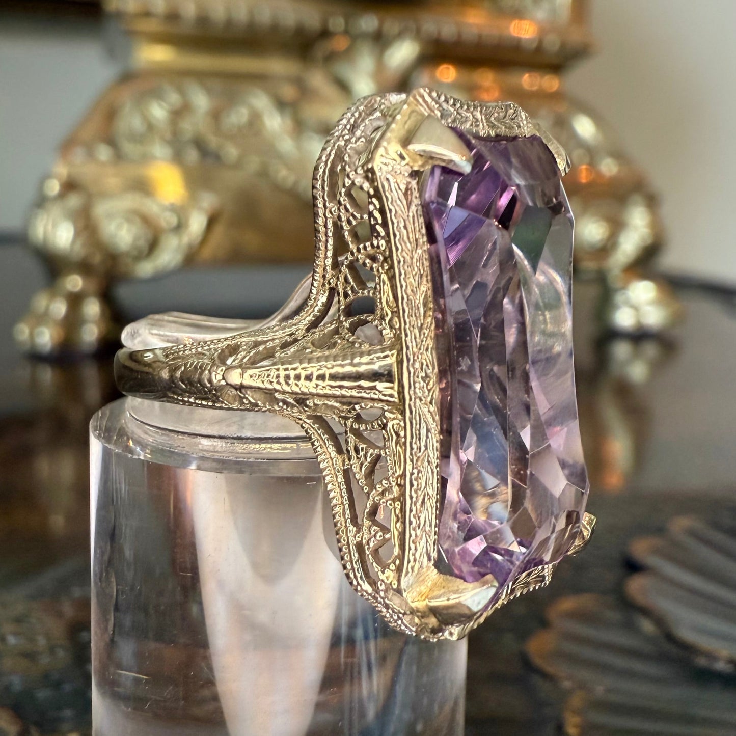 14K Gold Amethyst Filigree Antique Cocktail Ring