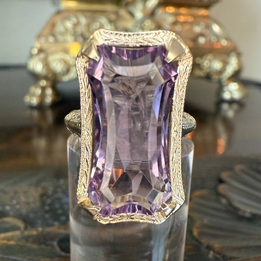 14K Gold Amethyst Filigree Antique Cocktail Ring