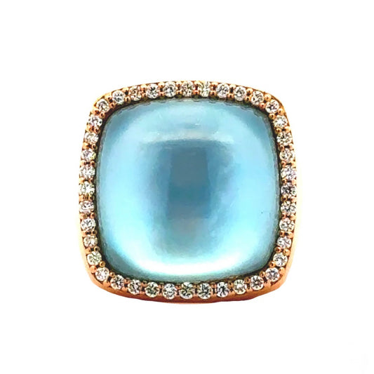 18K Mother of Pearl and Blue Topaz Doublet Halo Ring