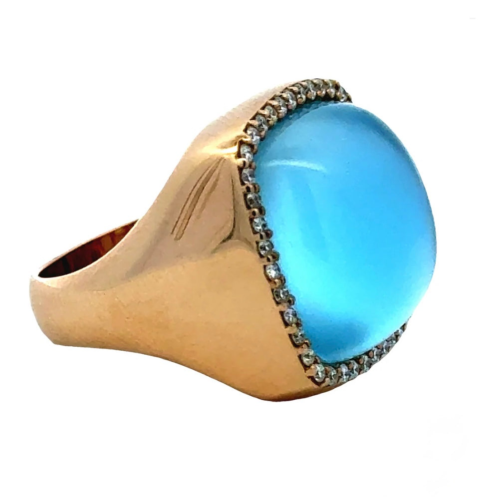 18K Mother of Pearl and Blue Topaz Doublet Halo Ring