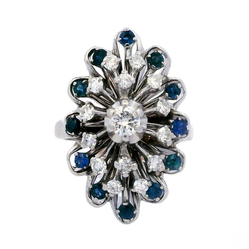 14K White Gold Diamond and Sapphire Cluster Cocktail Ring