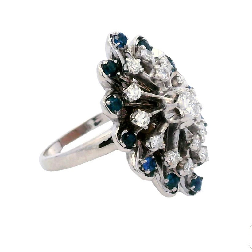14K White Gold Diamond and Sapphire Cluster Cocktail Ring
