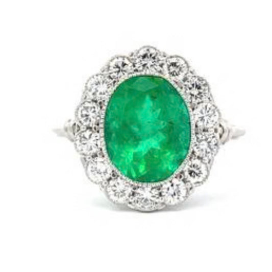 2.99 CT Emerald & 1.10 CT Diamond Art Deco Ring
