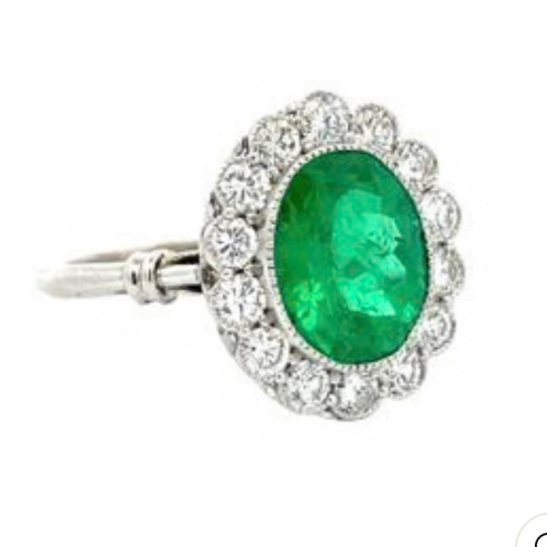 2.99 CT Emerald & 1.10 CT Diamond Art Deco Ring