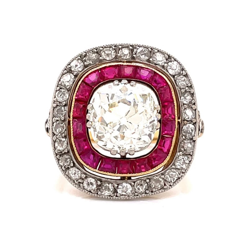 Antique Diamond and Ruby Ring-Platinum and 18k Gold