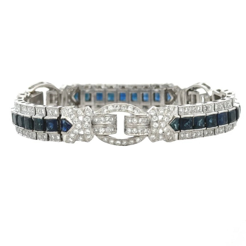 Antique 18k White Gold Art Deco Motif Sapphire and Diamond Bracelet