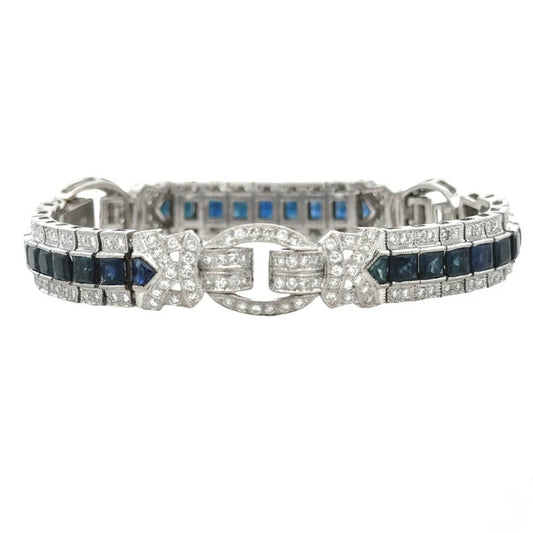 Antique 18k White Gold Art Deco Motif Sapphire and Diamond Bracelet