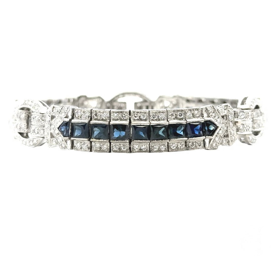 Antique 18k White Gold Art Deco Motif Sapphire and Diamond Bracelet