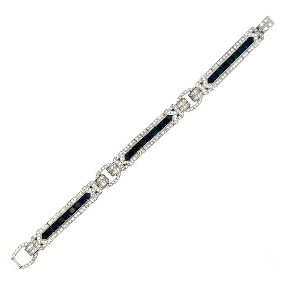 Antique 18k White Gold Art Deco Motif Sapphire and Diamond Bracelet