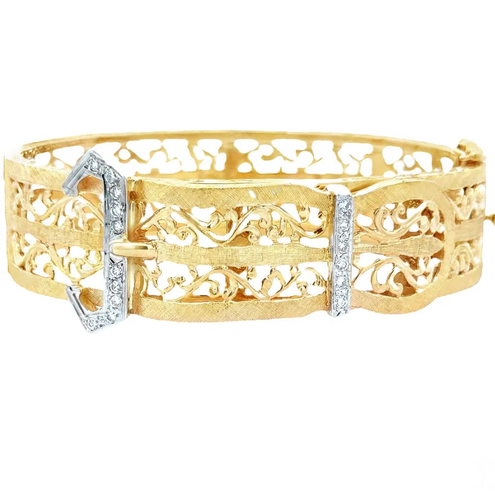 14K Antique Filigree Belt Diamond Bangle