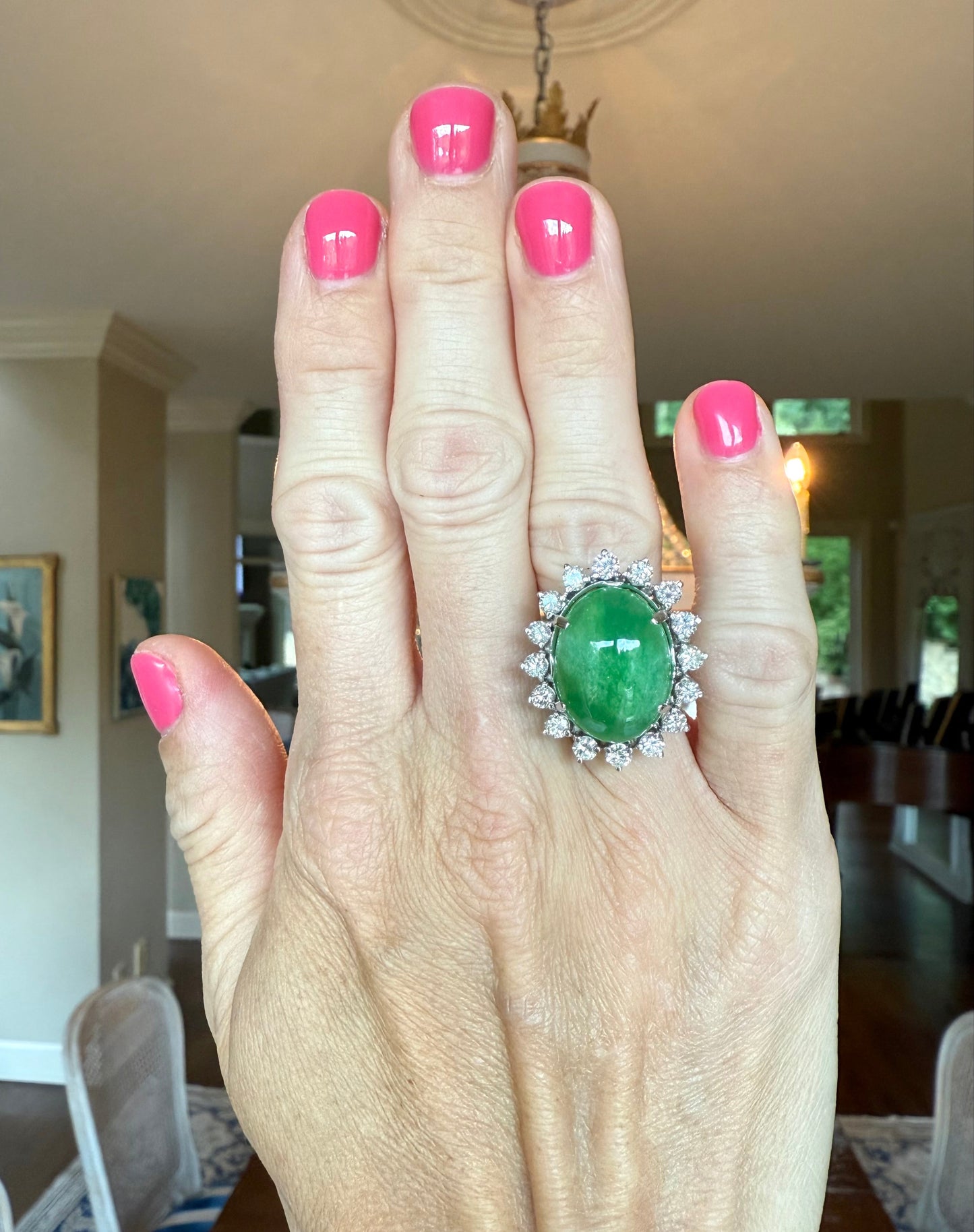 Platinum 13.60 Carat Jade and 1.60 CTW Diamond Cocktail or Engagement Ring