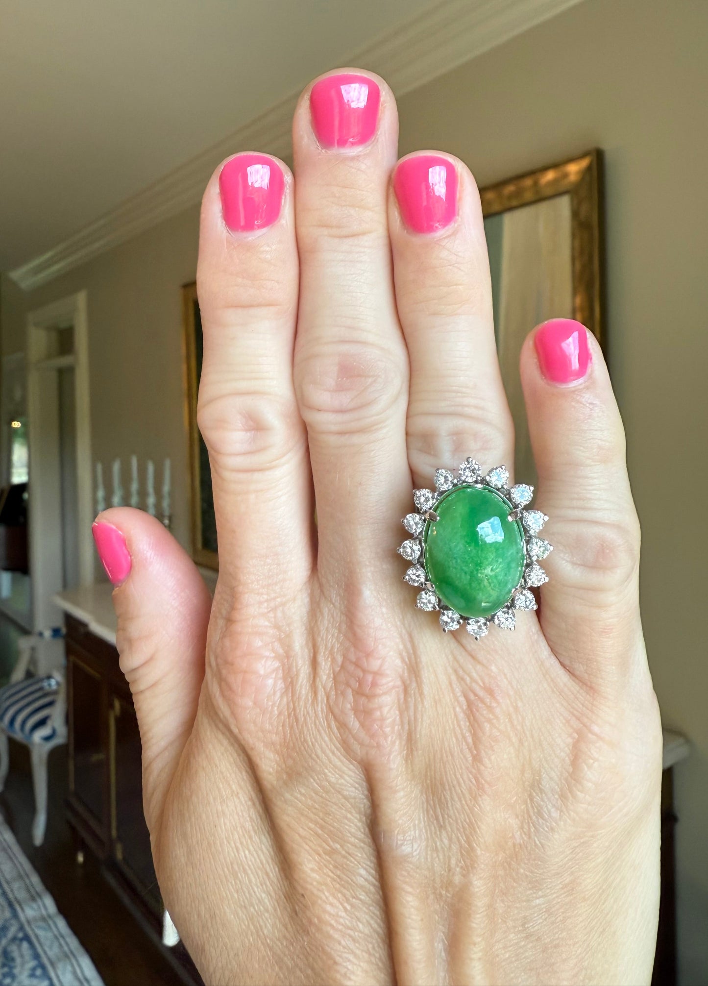 Platinum 13.60 Carat Jade and 1.60 CTW Diamond Cocktail or Engagement Ring