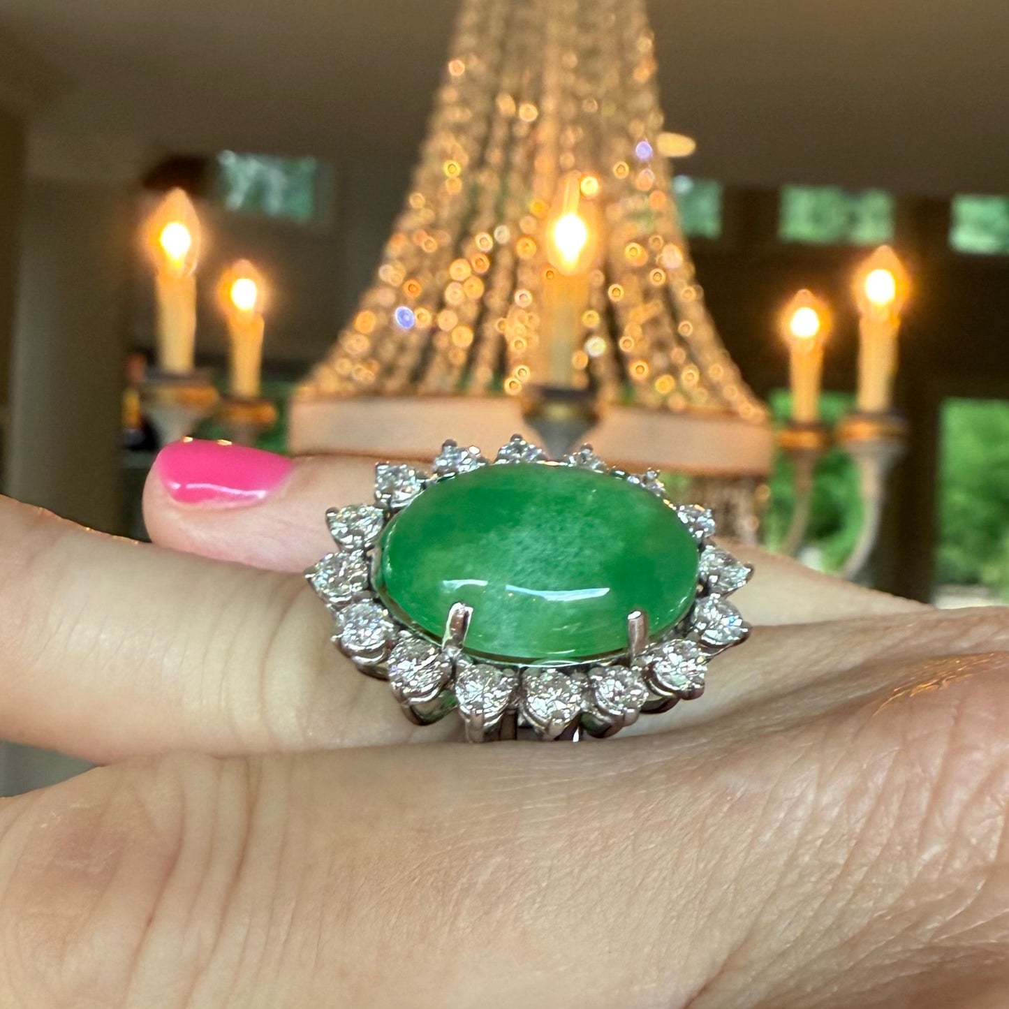 Platinum 13.60 Carat Jade and 1.60 CTW Diamond Cocktail or Engagement Ring