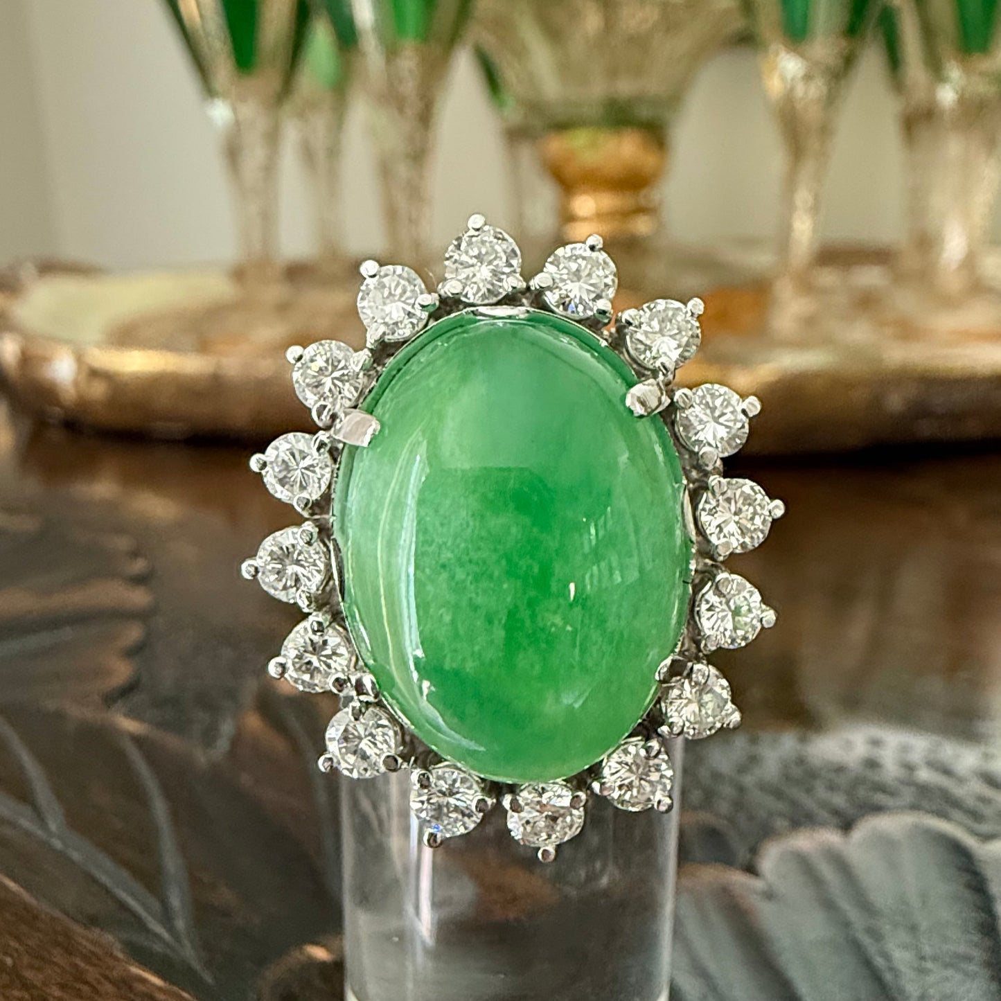 Platinum 13.60 Carat Jade and 1.60 CTW Diamond Cocktail or Engagement Ring