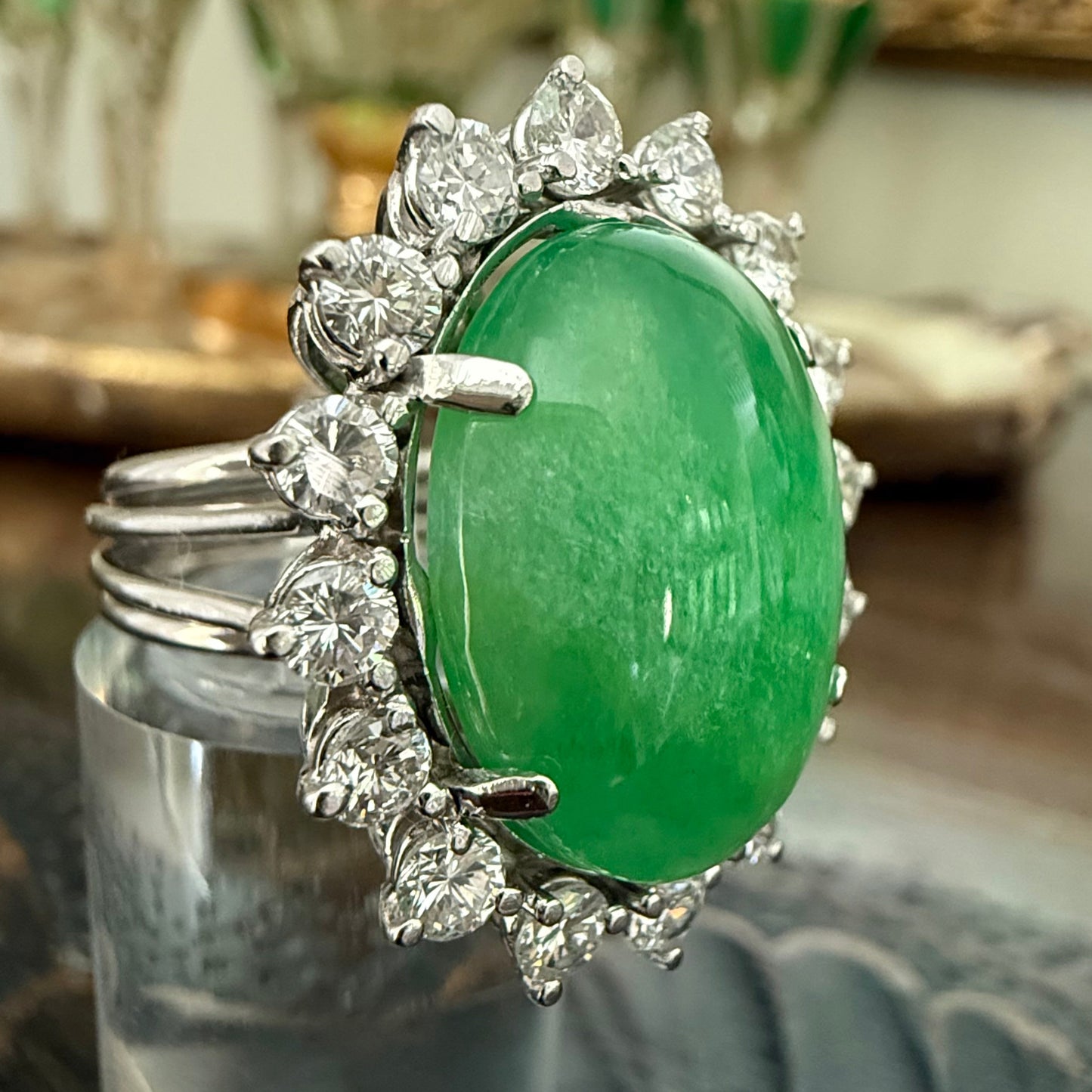 Platinum 13.60 Carat Jade and 1.60 CTW Diamond Cocktail or Engagement Ring