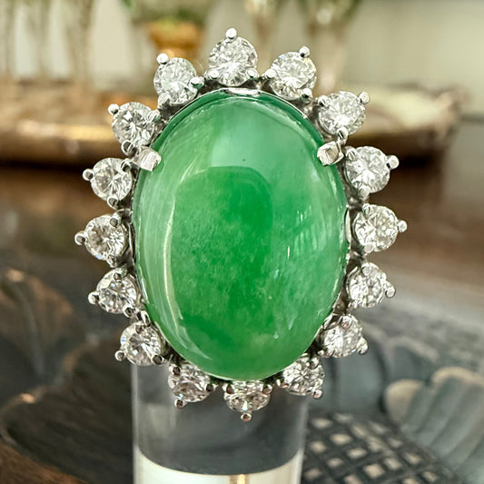 Platinum 13.60 Carat Jade and 1.60 CTW Diamond Cocktail or Engagement Ring