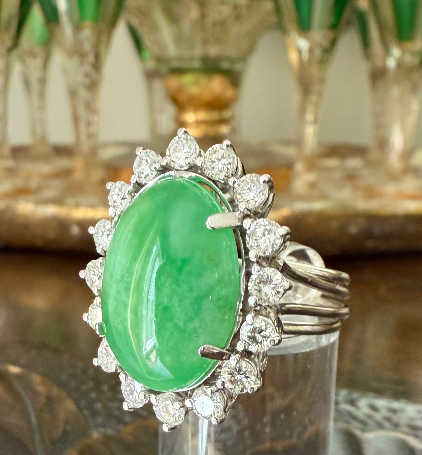 Platinum 13.60 Carat Jade and 1.60 CTW Diamond Cocktail or Engagement Ring