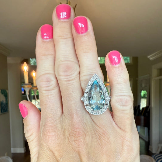 Platinum 8.08 Carat Aquamarine and .5 CTW Diamond Cocktail or Engagement Ring, Estate Aquamarine, Vintage Aquamarine, Gift for Her