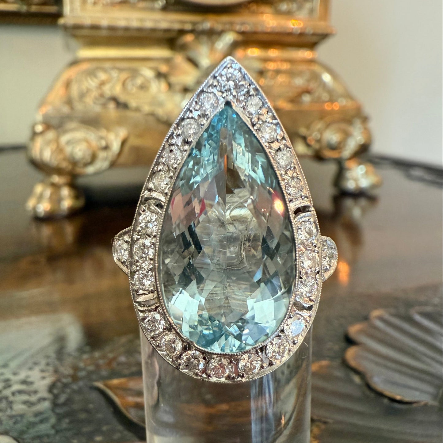 Platinum 8.08 Carat Aquamarine and .5 CTW Diamond Cocktail or Engagement Ring, Estate Aquamarine, Vintage Aquamarine, Gift for Her