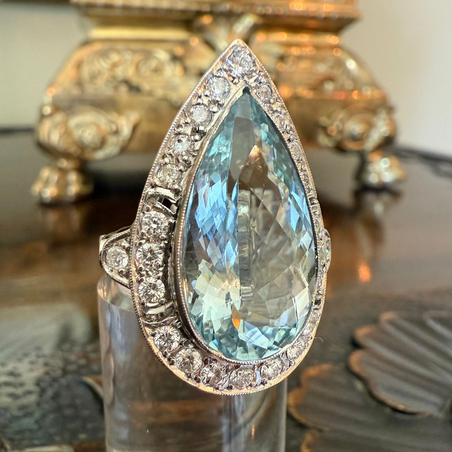 Platinum 8.08 Carat Aquamarine and .5 CTW Diamond Cocktail or Engagement Ring, Estate Aquamarine, Vintage Aquamarine, Gift for Her