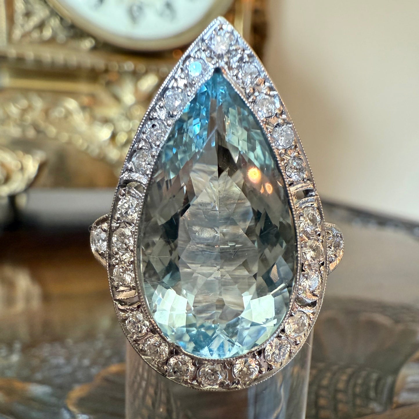 Platinum 8.08 Carat Aquamarine and .5 CTW Diamond Cocktail or Engagement Ring, Estate Aquamarine, Vintage Aquamarine, Gift for Her