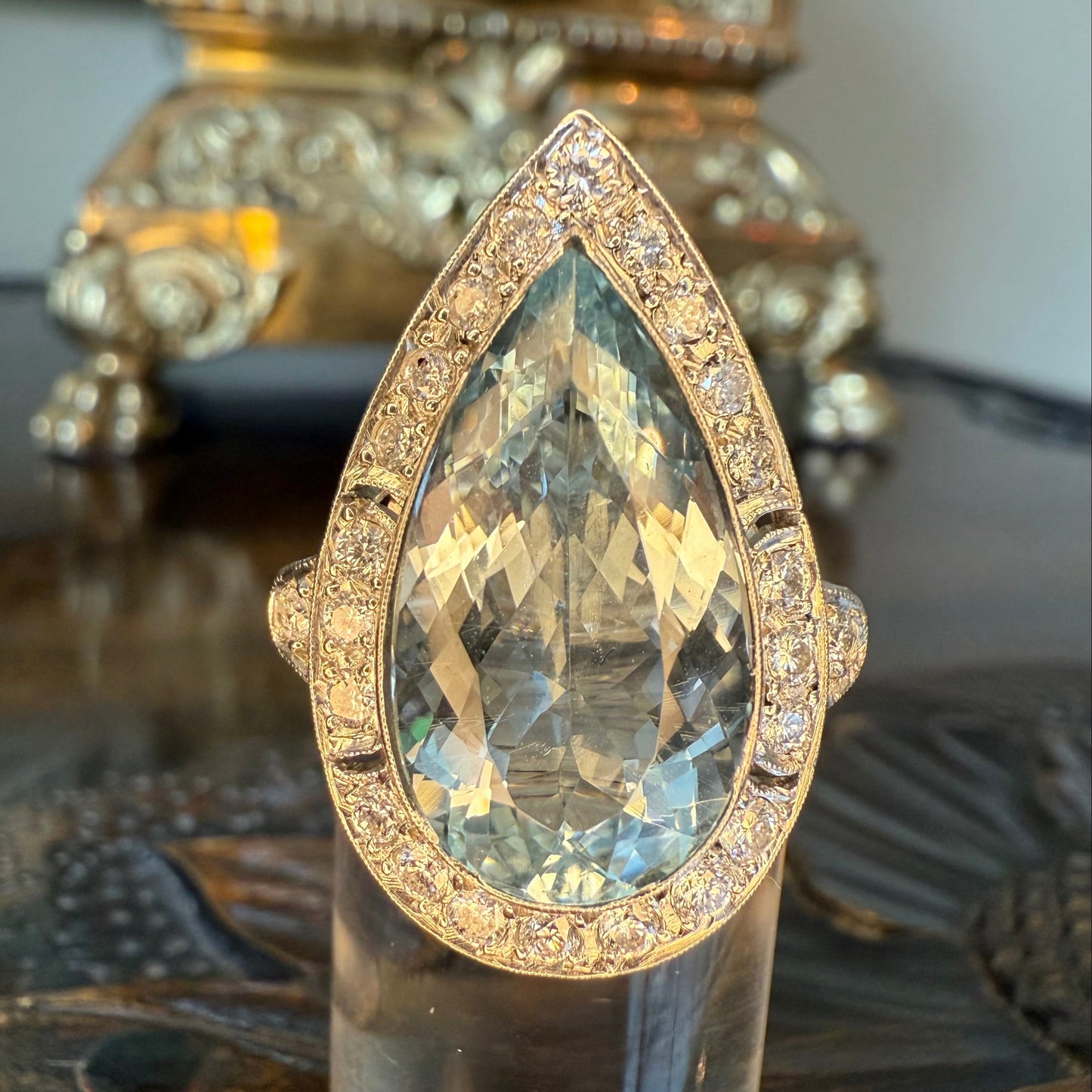 Platinum 8.08 Carat Aquamarine and .5 CTW Diamond Cocktail or Engagement Ring, Estate Aquamarine, Vintage Aquamarine, Gift for Her
