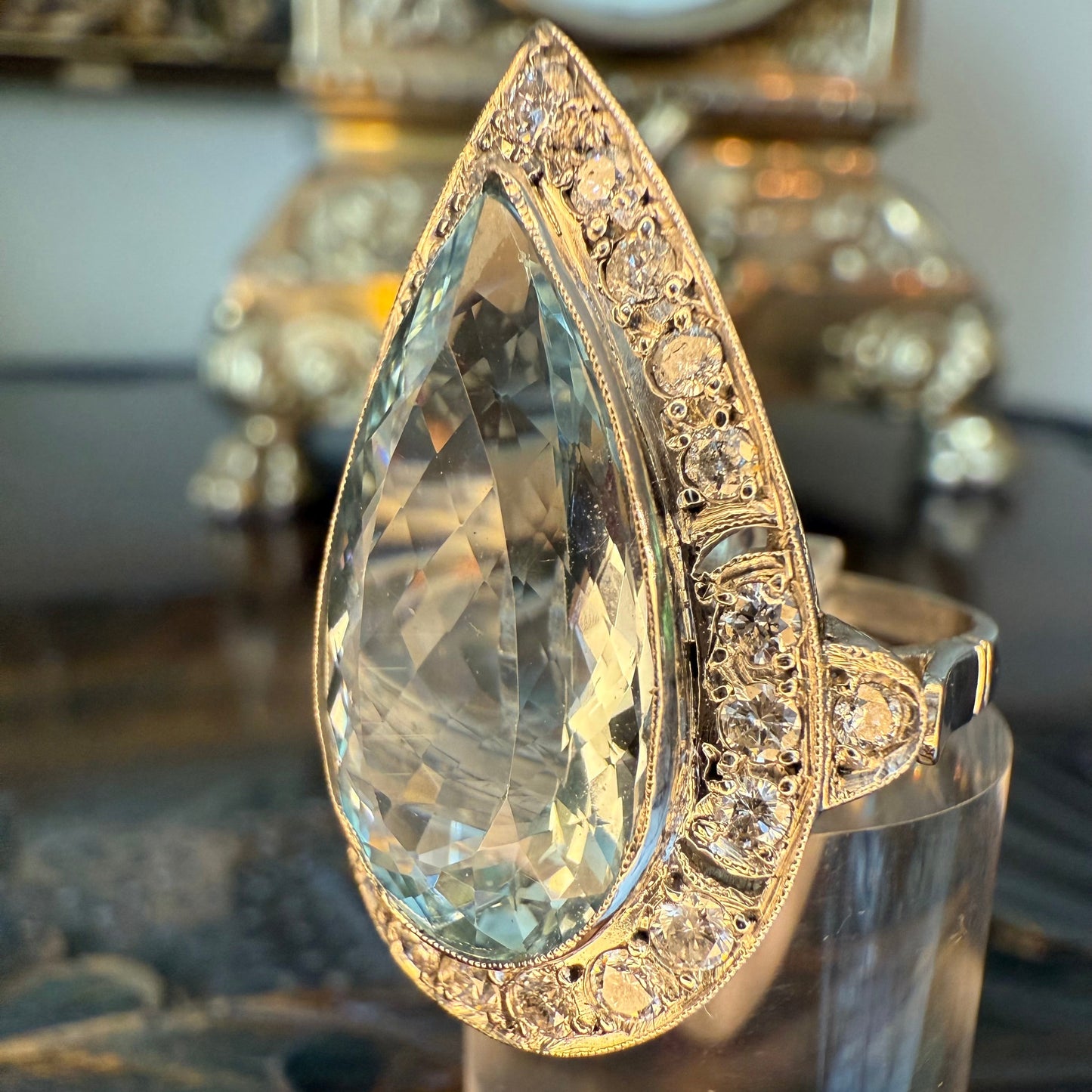 Platinum 8.08 Carat Aquamarine and .5 CTW Diamond Cocktail or Engagement Ring, Estate Aquamarine, Vintage Aquamarine, Gift for Her