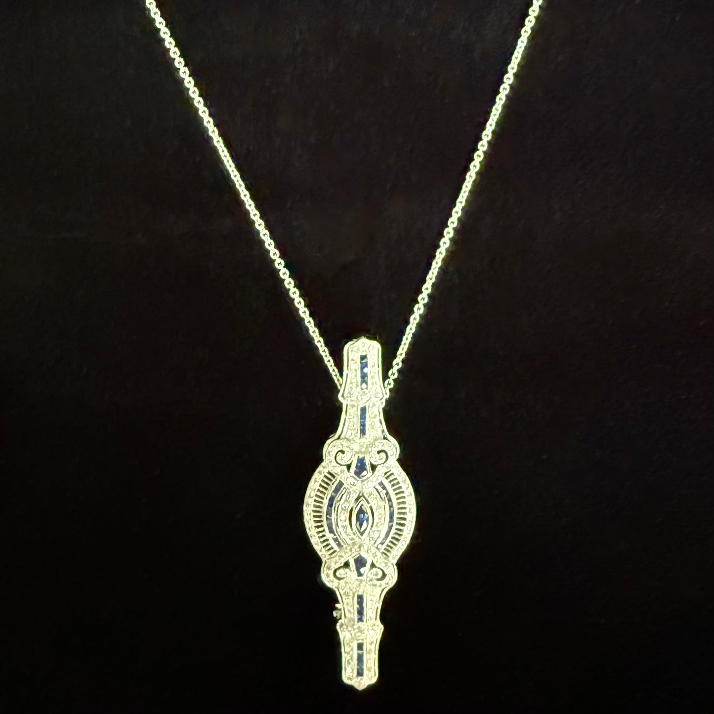 Art Deco 14k Sapphire and Diamond Pin/Necklace and 14k Chain-Includes GIA Appraisal