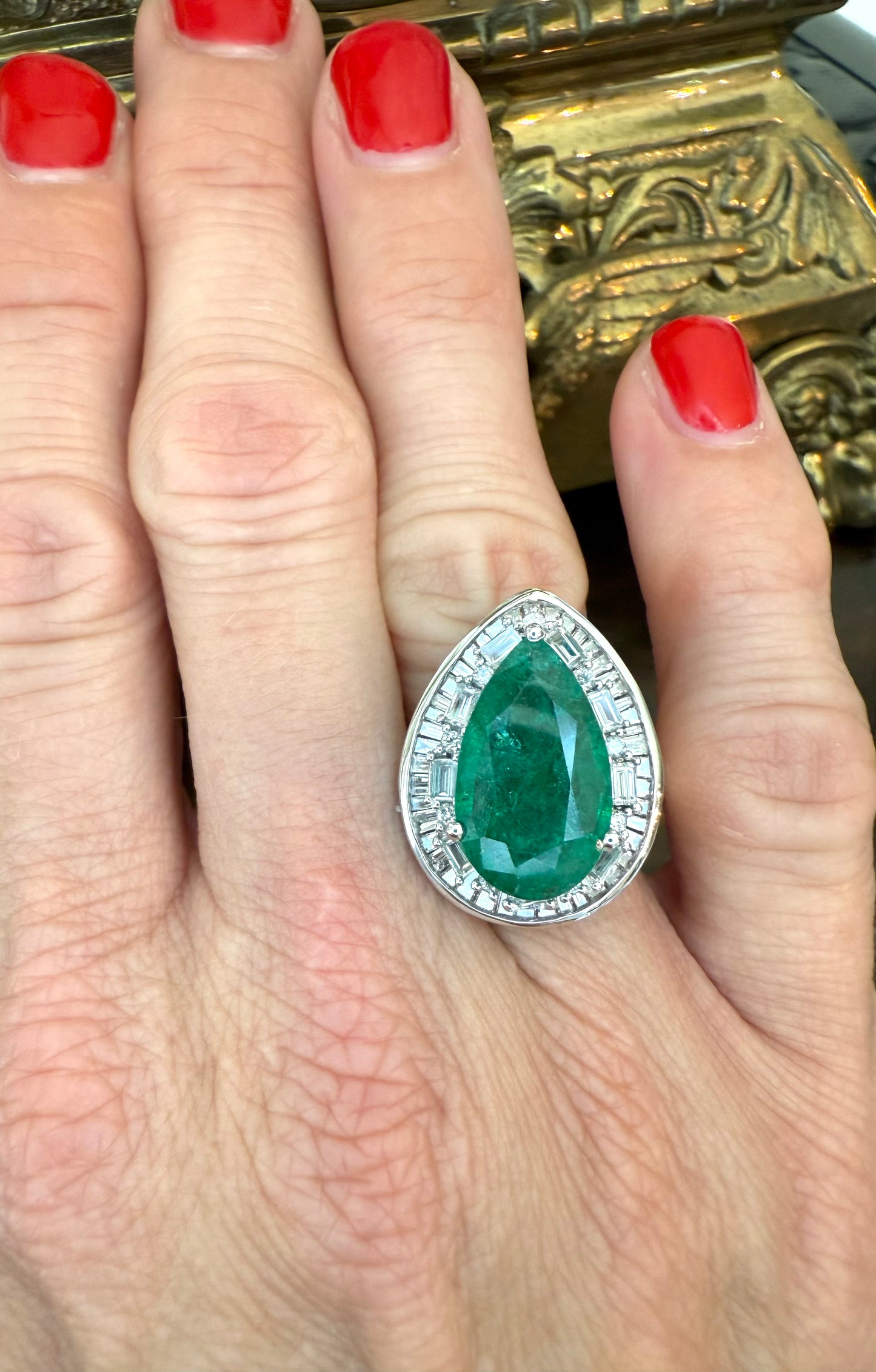 18K 4.93 CT Pear-Shaped Emerald and 1.87 CTW Diamond Ring