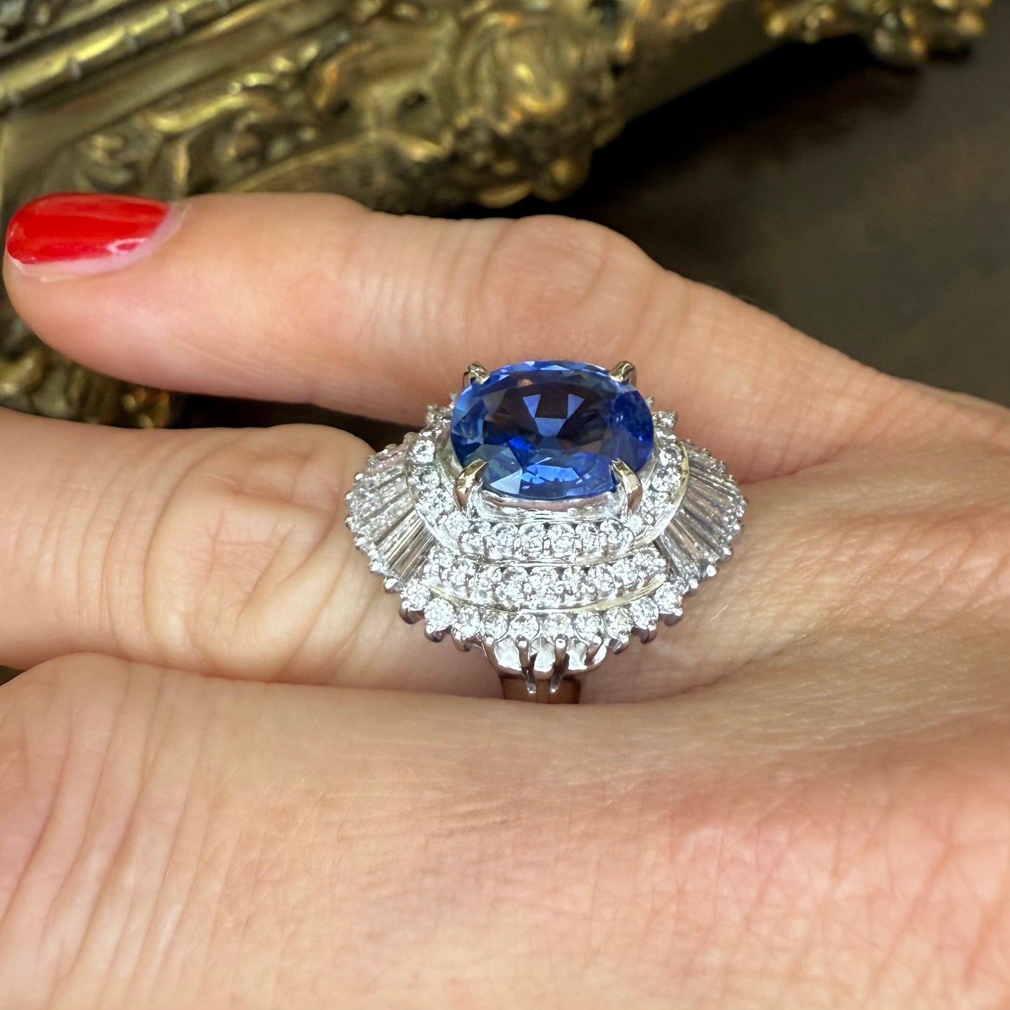 Platinum 3.08 Ceylon Sapphire and 1.54 CTW Diamond Ballerina Ring-Includes AIGS Certificate